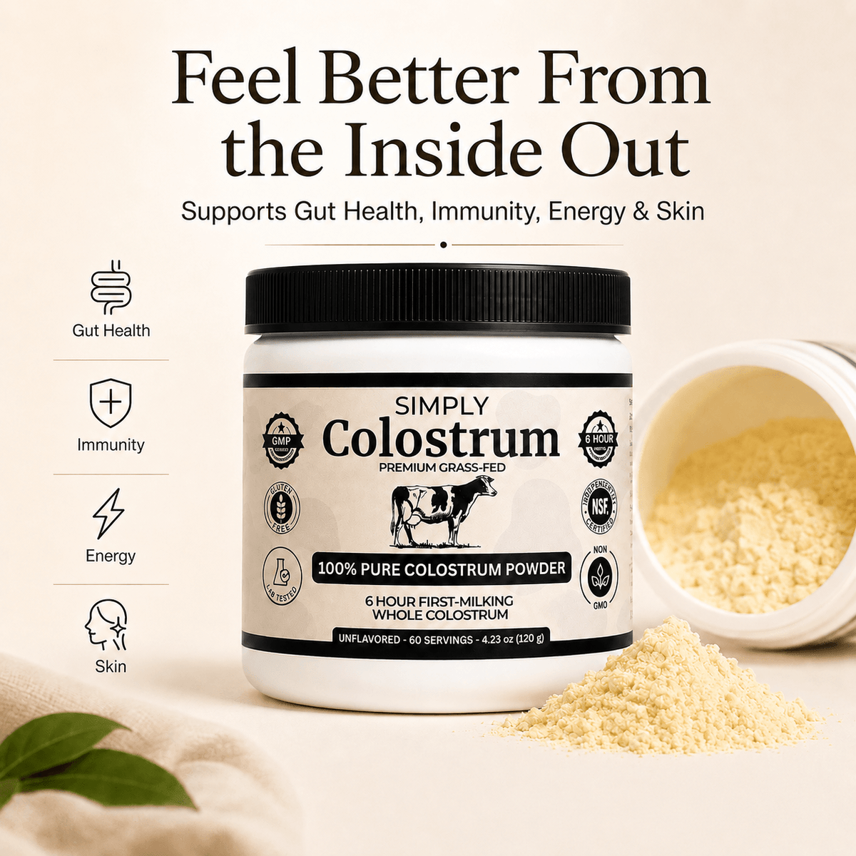 Premium 6-Hour Grass-Fed Colostrum Powder - 60 Servings per jar